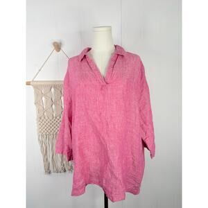 Tahari 100% Linen Tunic Top Plus Size 1X Pink Side Button Hem 3/4 Sleeve
